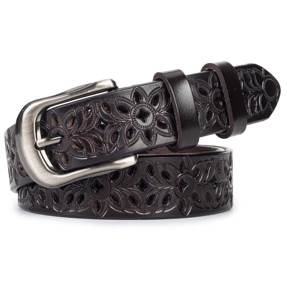 6213 Womens Girls Hollow Flower Pu Leather Belt Western Buckle Cowgirl